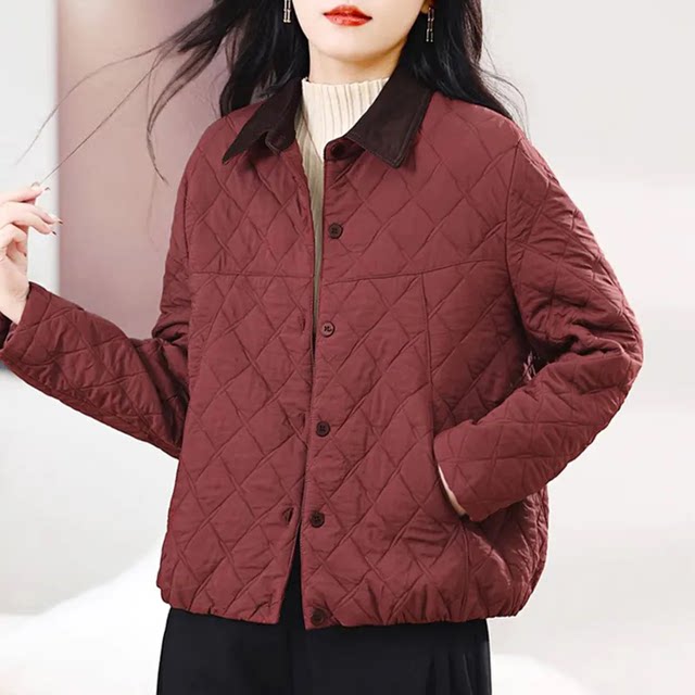 
Middle-aged mother's wear lapel padded jacket for women 2025 autumn new style rhombus loose casual versatile top
