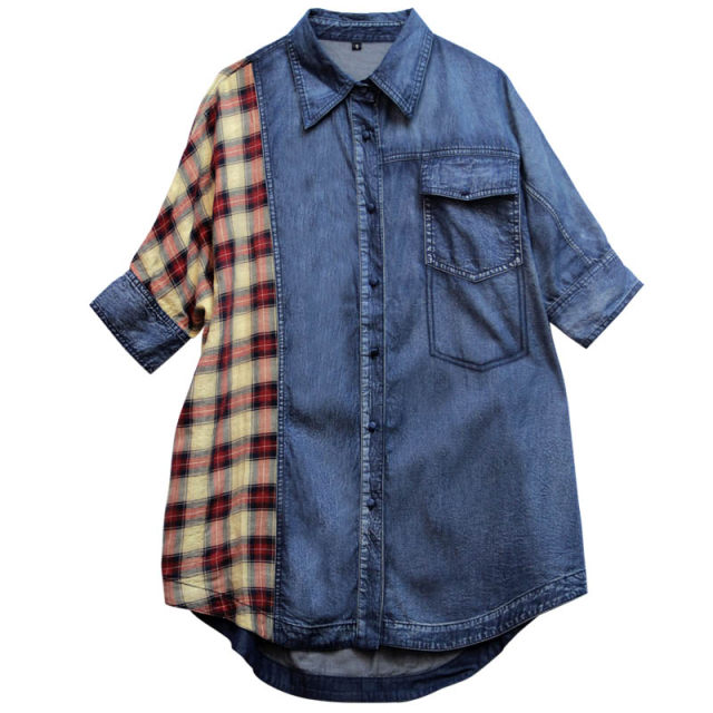 Denim shirt for women thin retro plaid splicing 2025 new spring five-quarter sleeve top layered loose shirt
