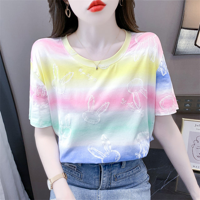 Cotton Rainbow striped stamps Short -sleeved T -shirt Female 2024 Summer New Loose White Family Round -neck clothes