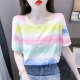 Cotton Rainbow striped stamps Short -sleeved T -shirt Female 2024 Summer New Loose White Family Round -neck clothes