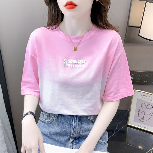 Fashion tie -dyed short -sleeved T -shirt female 2024 summer new loose, thin white round neck top