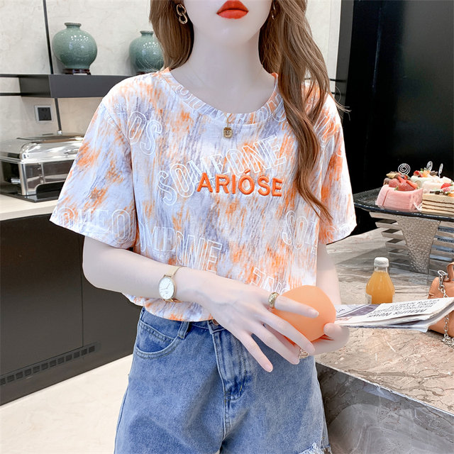 Heavy work embroidery tie dye cotton short -sleeved T -shirt 2024 summer new Korean version of the loose casual white top