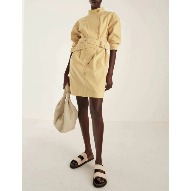 French niche design! Cotton and linen dress autumn half -high -necked waist tape temperament OL high -end commute British work style
