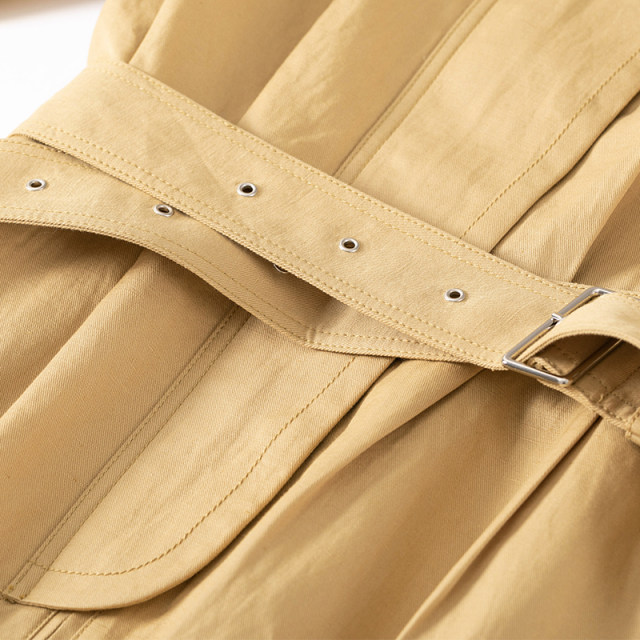 French niche design! Cotton and linen dress autumn half -high -necked waist tape temperament OL high -end commute British work style
