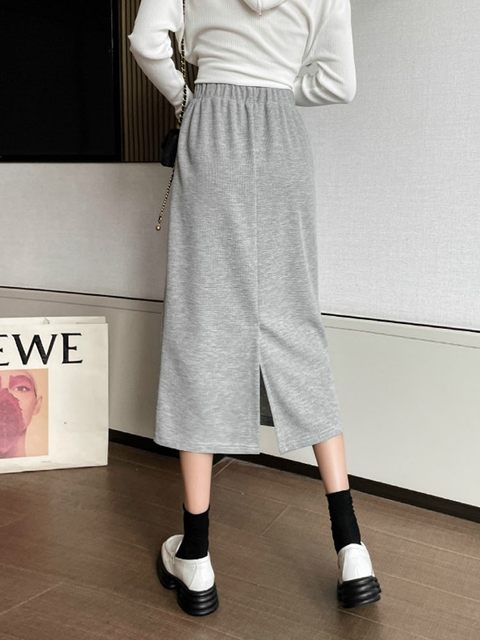 Straight skirt black grey ol pure cotton autumn commuting pocket knitted solid color a-shaped high waist a-line skirt half-body long skirt