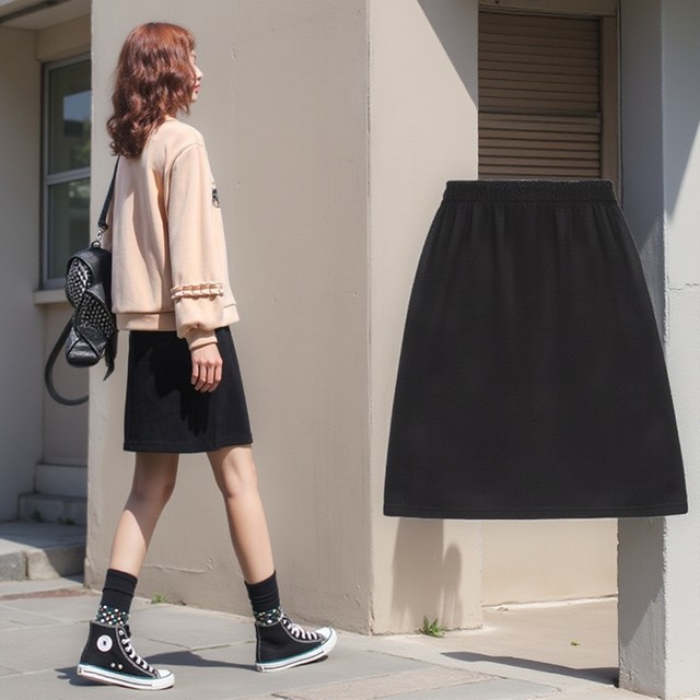 Spring and summer black small letter commuting solid color insert pocket high waist A-line short skirt covering hips to make you look slim and versatile elastic waist skirt
