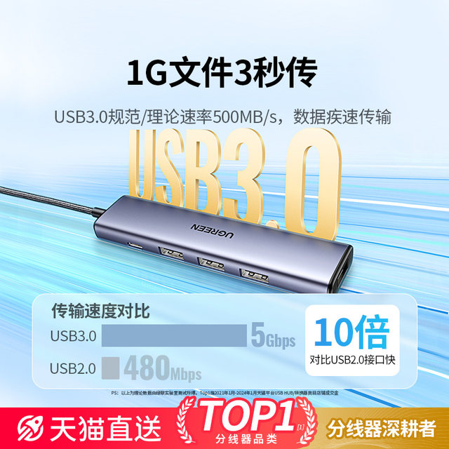 Green Alliance USB Dock Plug Multi-Port One-Two-Two-Cluster Divider Typec Extension Cable Hub3.0 External U disk with Power Supply Adapter Converter Laptop Multi-Interface Expander