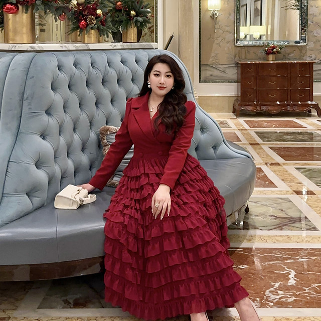 GLEC high-end fat mm large size women's clothing autumn new style 2025 fashionable elegant red suit cake dress