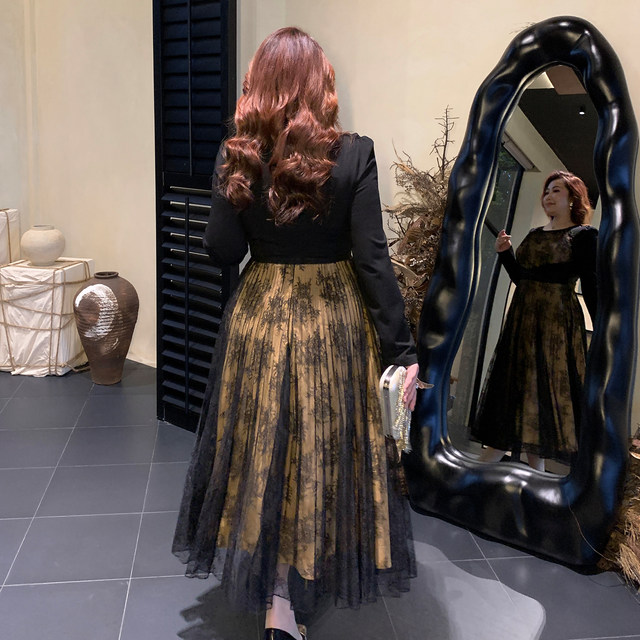 GLEC Plus Size Women's Clothing 2025 Autumn and Winter New Retro Light National Style Design Mesh Splicing Pleated Dress