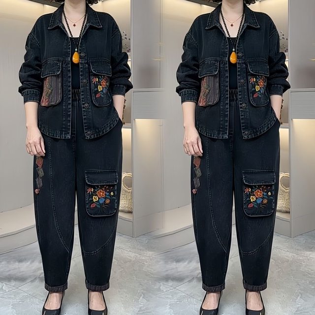 2025 Autumn New Arrival Literary Retro Splicing Embroidered Patches Fashion Versatile Western Style Two-piece Loose Denim Suit