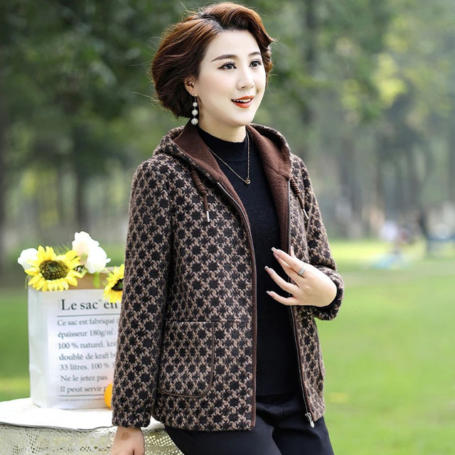 Fat Mom's woolen plus velvet jacket, plus size, western style, noble, middle-aged and elderly women's clothing, thickened autumn and winter jacket for the elderly