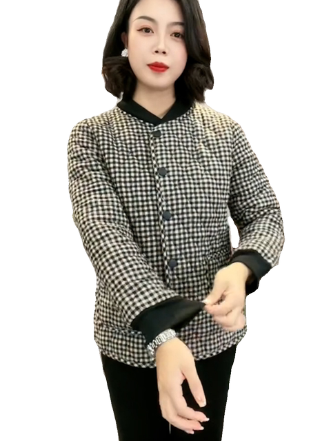 Middle-aged and elderly autumn and winter new fashionable plaid plus velvet short coat mother's style modern round neck thickened warm cotton jacket