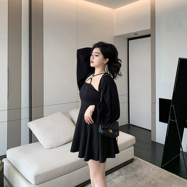 Xitonger large size women's fat mm dark slim strapless breast halter neck halter skirt covering belly fashionable base dress summer
