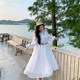 Xitonger large size women's fat mm French temperament slim and off-shoulder slit white dress vacation fairy long skirt
