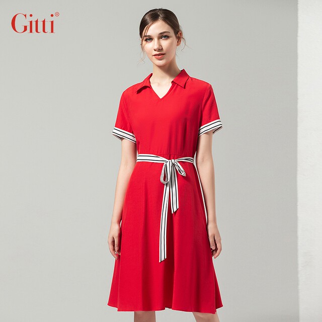 Gitti/Gitty POLO collar lace stitching waist dress women's new temperament short -sleeved A -line skirt G202094

