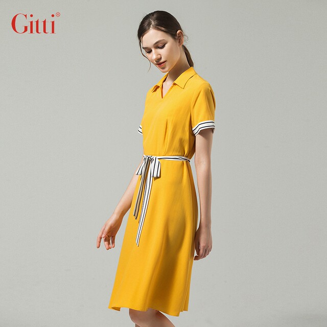Gitti/Gitty POLO collar lace stitching waist dress women's new temperament short -sleeved A -line skirt G202094
