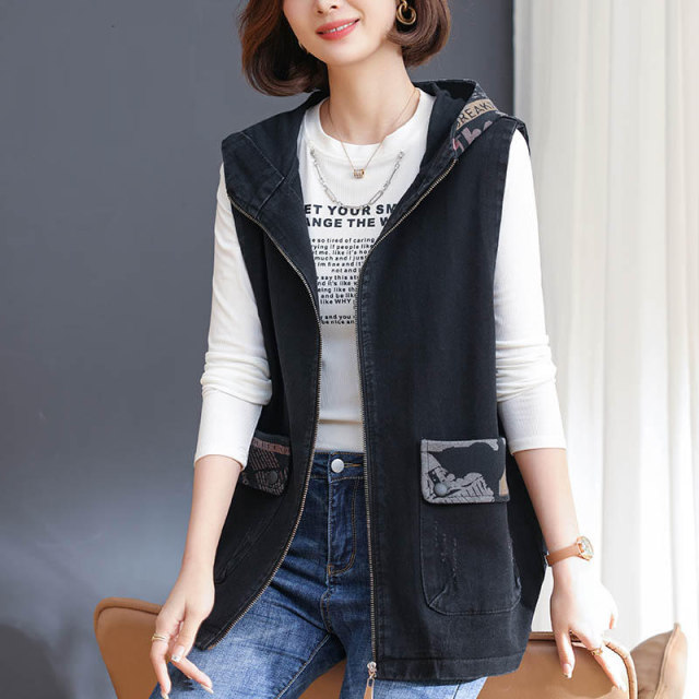 Cowboy vest female spring and autumn, foreign qi middle -aged mother casual hooded loose, large size, thinner horses clip jacket
