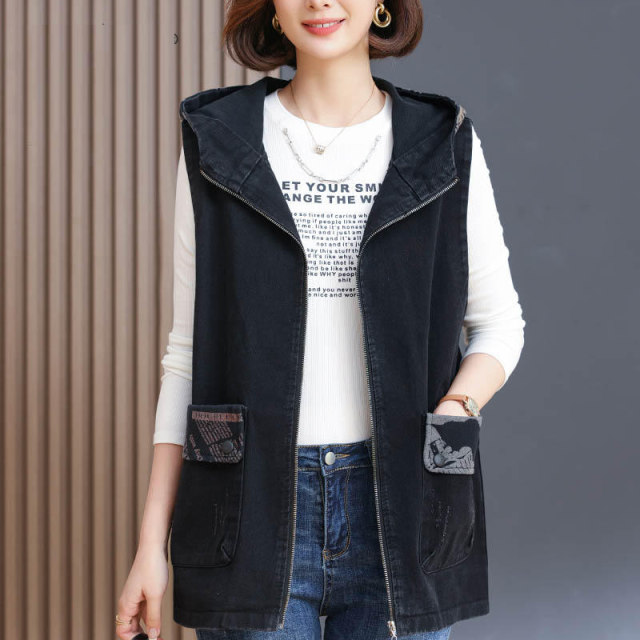 Cowboy vest female spring and autumn, foreign qi middle -aged mother casual hooded loose, large size, thinner horses clip jacket
