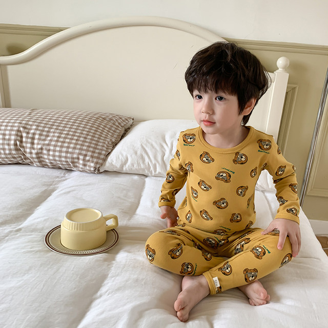 Yiyi Mom boy pajamas girl boneless baby children autumn clothing A pure cotton wool pull rack home clothing set