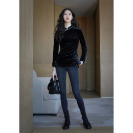 Printless black velvet long sleeves slim short cheongsam 21272