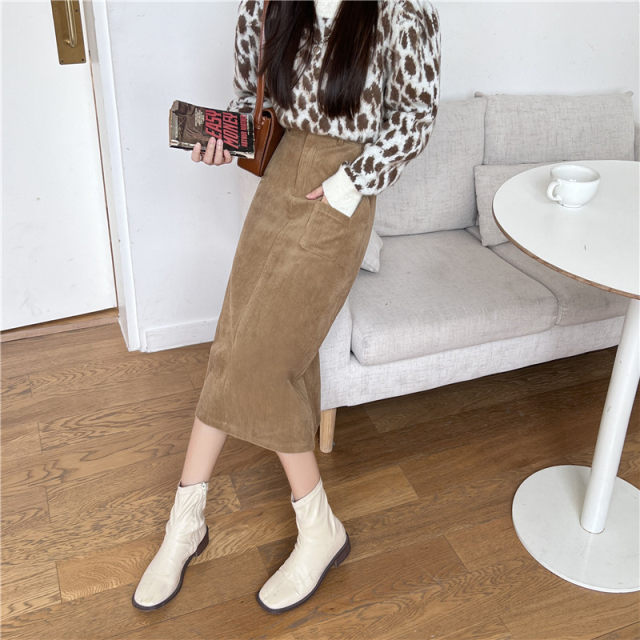 Large-size corduroy hip pocket A-line skirt camel color retro versatile skirt fat mm slim high waist midi skirt