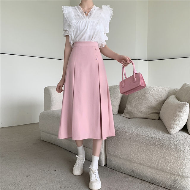Clearance Large Size Skirt for Women in Summer Wrinkled Flexible Waist Pack Hip A-line Slim Mid-Long Skirt Pink Sweet and Slightly Plump