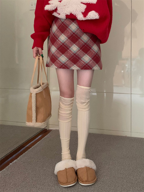 Retro red plaid wool skirt for women in autumn and winter fat m high waist covering belly and slim hip A-line sweet large-size skirt
