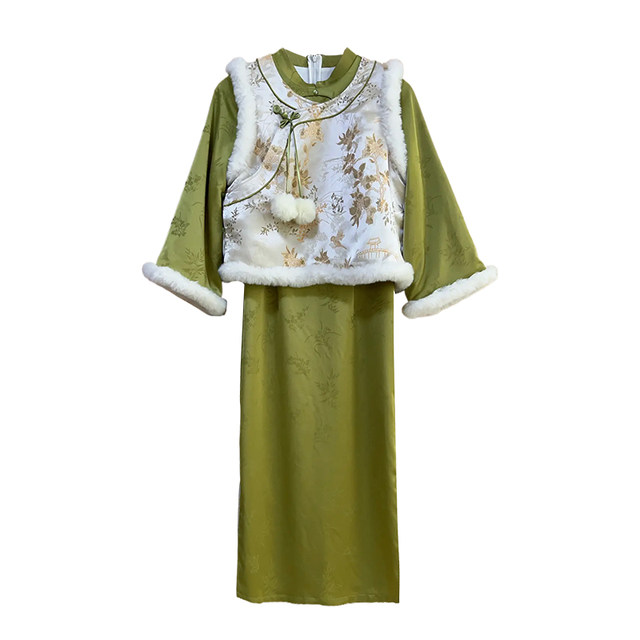 Jade snow plus velvet thickened green fresh large size fat mm woven gold jacquard white cheongsam dress