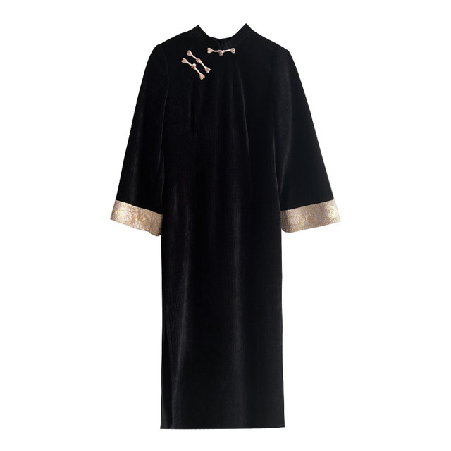 Gold silk embroidery original design new Chinese chenille large size fat mm slimming cheongsam dress for women