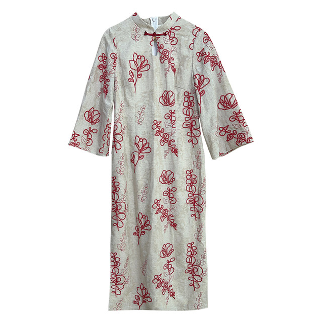 
Primrose Red New Chinese Style Natural Cotton and Line Engagement Red Embroidered Large Size Fat mm Cheongsam Dress