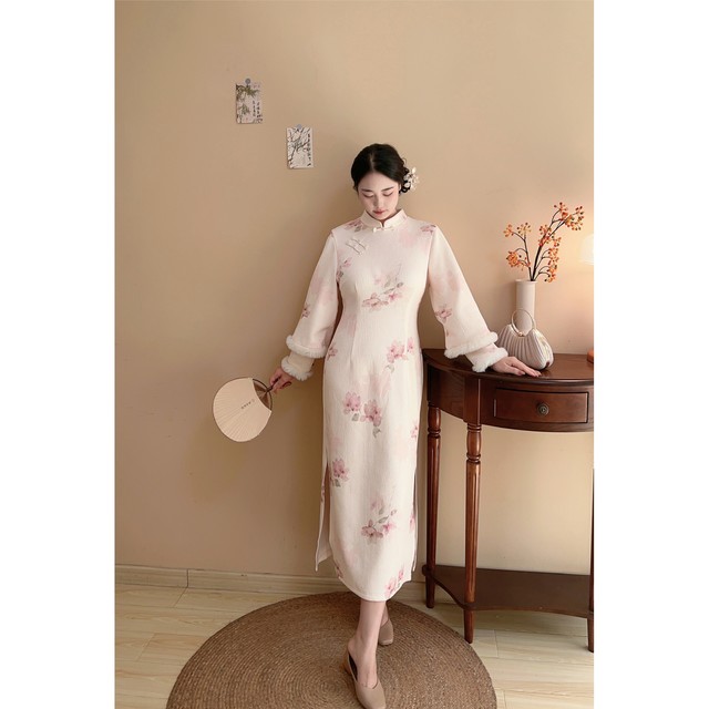 Luoying New Chinese Lotus Elegant Large Size Fat mm Plus Velvet Thickening Temperament New Chinese Cheongsam Skirt