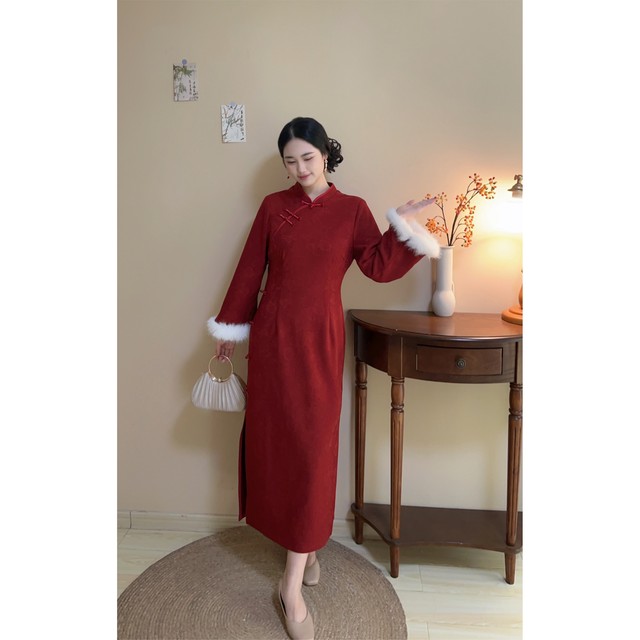 Jubilee plus velvet version original design new Chinese style red winter cheongsam dress plus size fat mm