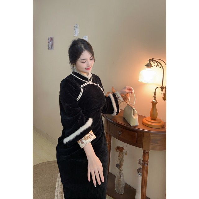 Jinghua Dream Fake two pieces of thin and noble winter thickened new cheongsam big size fat MM dress female