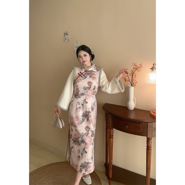 Songshan New Chinese Style Velvet Thickened Fake Two Piece Cheongsam Large Size Fat mm Dress Girls Daily