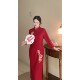 Fenghua autumn new red festive bamboo leaf embroidery large size fat mm cheongsam dress wedding