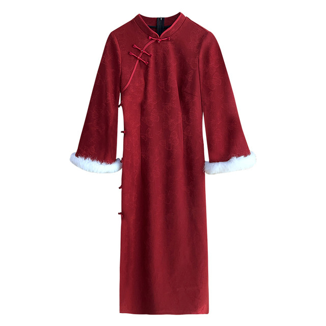 Jubilee plus velvet version original design new Chinese style red winter cheongsam dress plus size fat mm