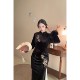 Golden Bamboo Advanced Embroidery Golden Bamboo Leaves Black Slimming Large Size Fat MM Cheongsam Dress Furry Sleeves