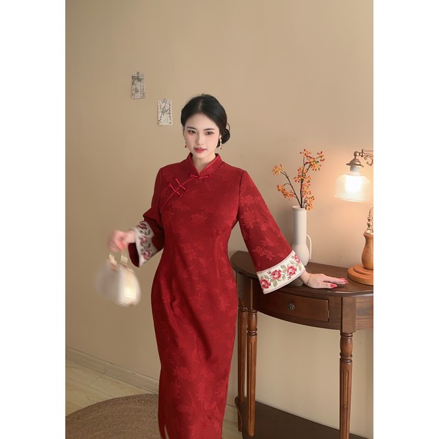 Cinnabar New Chinese Style Red Engagement Large Size Fat mm Cheongsam Embroidered Dress Toast Wear Jacquard