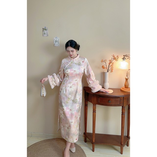 
Lotus original design plus velvet and thick pink girl shy plus size fat mm cheongsam dress
