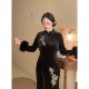 Golden Bamboo Advanced Embroidery Golden Bamboo Leaves Black Slimming Large Size Fat MM Cheongsam Dress Furry Sleeves