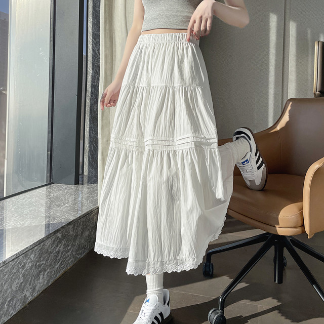 Fashionable and versatile skirt 2025 spring new style for women's high waist slimming versatile solid color lace skirt