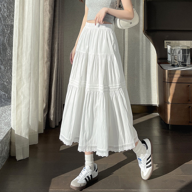 Fashionable and versatile skirt 2025 spring new style for women's high waist slimming versatile solid color lace skirt