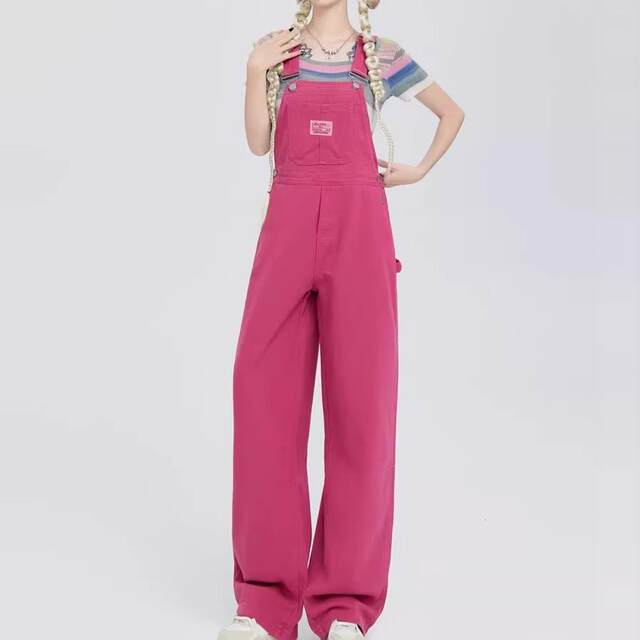 Sweet and cool raspberry pink denim overalls for women in spring and summer new dopamine wear straight wide-leg floor jumpsuit