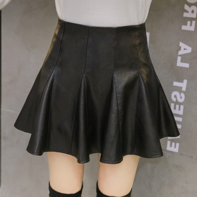 High waist pleated PU leather skirt for women in spring and autumn large size fat mm belly-covering and slimming pear-shaped body retro a-line short skirt
