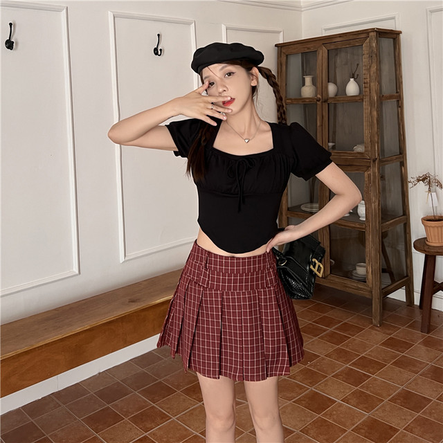 American retro plaid short skirt skirt for women spring and autumn large size high waist A-line slim and fat mm plaid pleated skirt