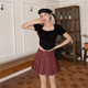 American retro plaid short skirt skirt for women spring and autumn large size high waist A-line slim and fat mm plaid pleated skirt