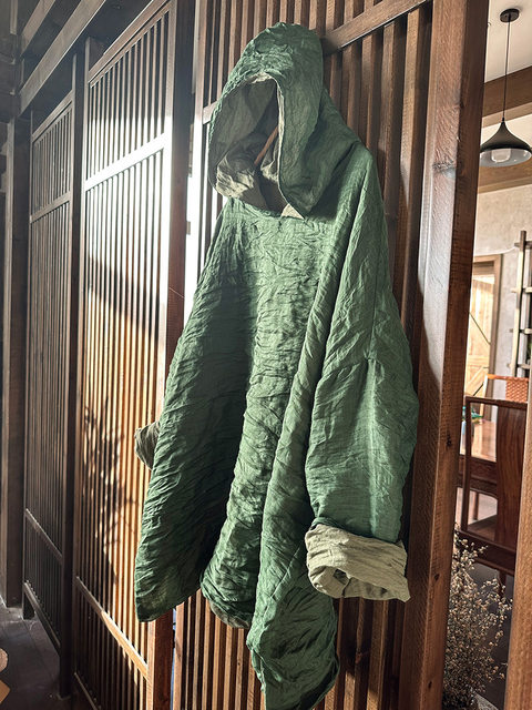 Original homemade ramie double-layer mid-length hooded loose jacket ...