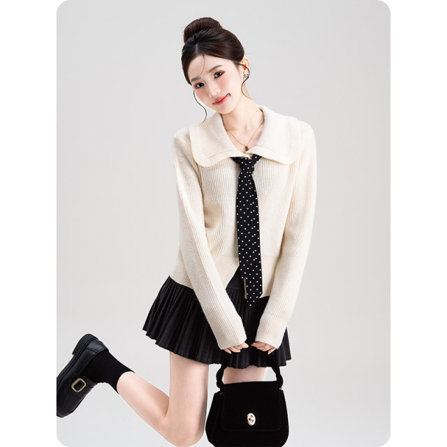 Polka dot tie doll collar milky white knitted cardigan sweater for women spring and autumn new small age-reducing long-sleeved top