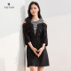 Yuxiangfei off-shoulder dress female temperament commuting spring fashion fake two-piece spliced ​​round neck seven-quarter sleeve A-line skirt