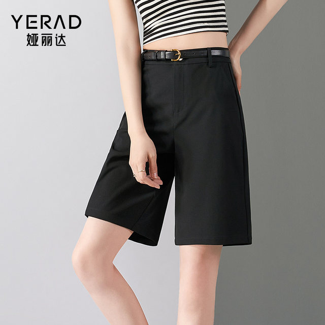 Yalida Bermuda straight shorts women's black mid-trousers 2025 summer slim casual pants suit five-point pants
